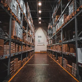 Allée d’entrepôt avec marchandises prêtes à l’expédition